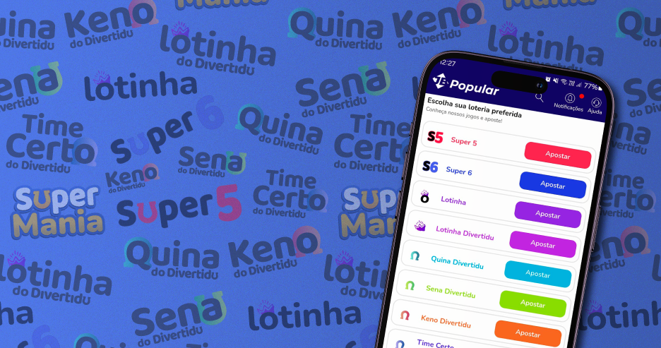 A imagem mostra um fundo azul com vários nomes coloridos de loterias, como "Super Mania", "Super 5", "Lotinha", "Keno do Divertidu", "Sena do Divertidu", "Quina do Divertidu", "Time Certo" e outros, todos em diferentes estilos de fonte e cores vibrantes. À direita, há um smartphone exibindo um aplicativo de loteria chamado "JB Popular", onde o usuário pode escolher sua loteria preferida e clicar no botão "Apostar" ao lado de cada opção.