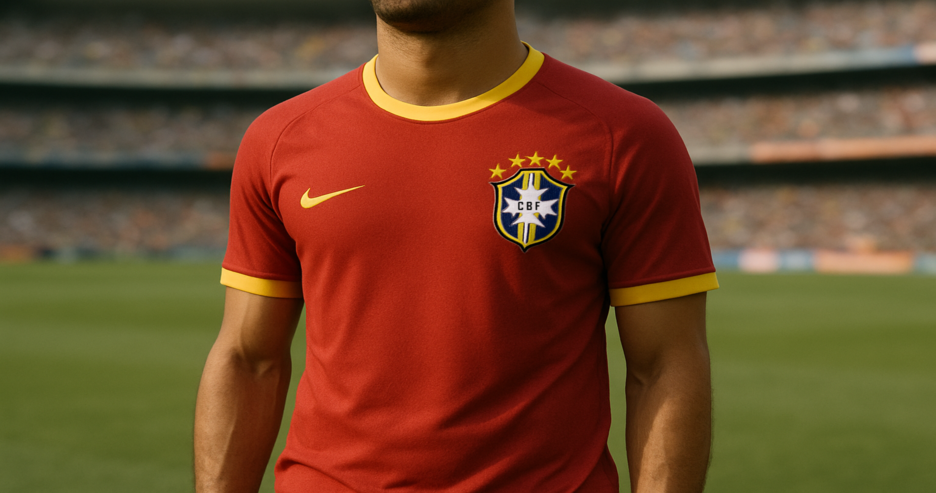 Jogador de futebol em estádio com a camisa vermelha da seleção sem mostrar o rosto.