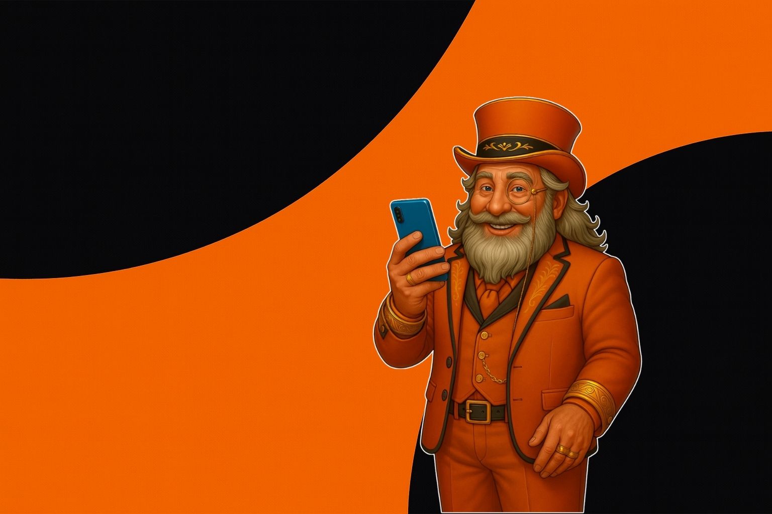 Barão com celular na mão em fundo básico geométrico laranja e preto