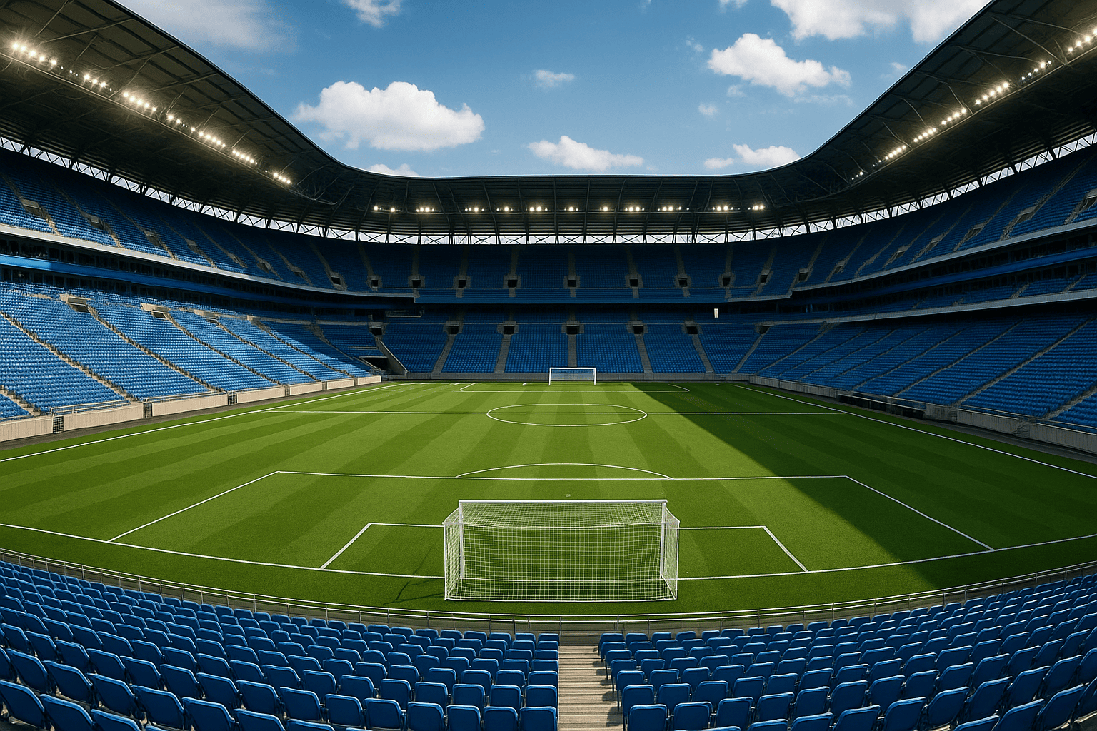 Imagem de um estádio de futebol vazio observado na perspectiva da arquibancada.